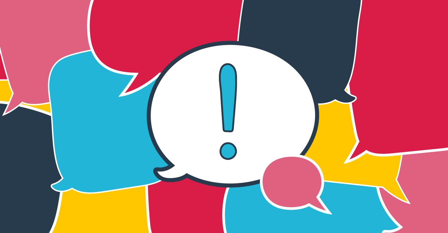Multi language tool illustration - exclamation point in a speech bubble surrounded by multiple different colored speech bubbles