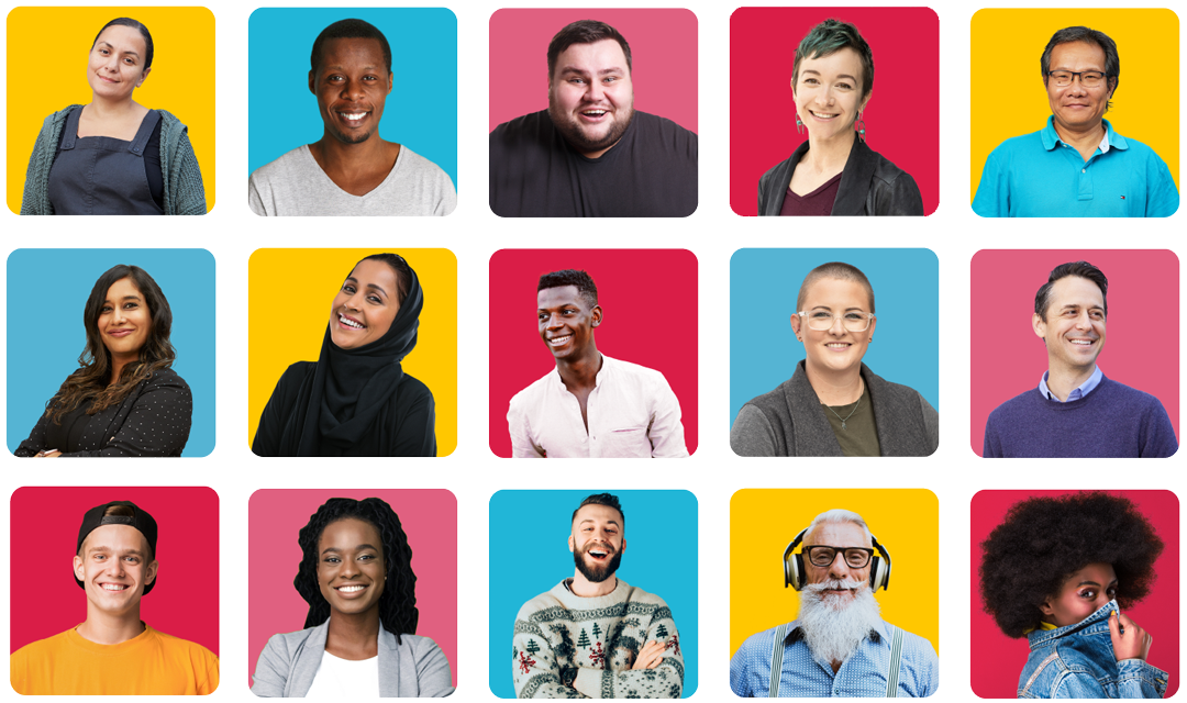 Colorful Grid composit/collage of 16 diverse people.