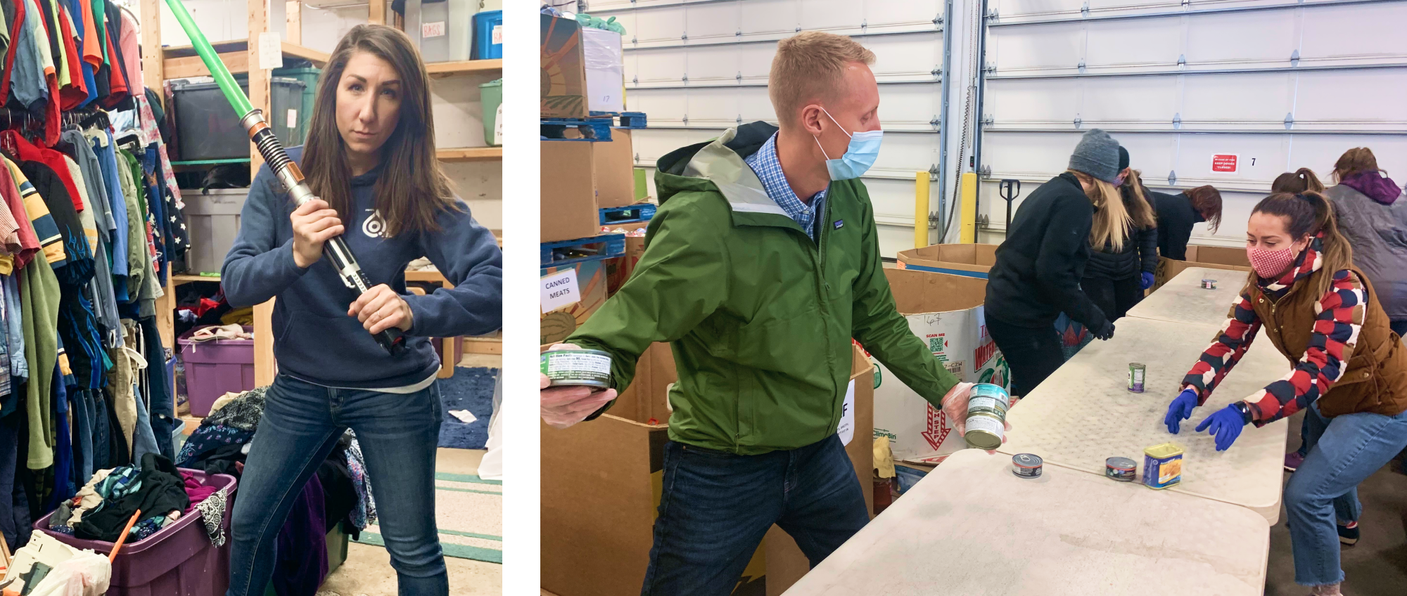 Two photos next to each other of wisetail staff members participating in Volunteer Day; on the left, Cristy has a Star Wars sword; on the right, Marcus and Rachael participate in a food drive