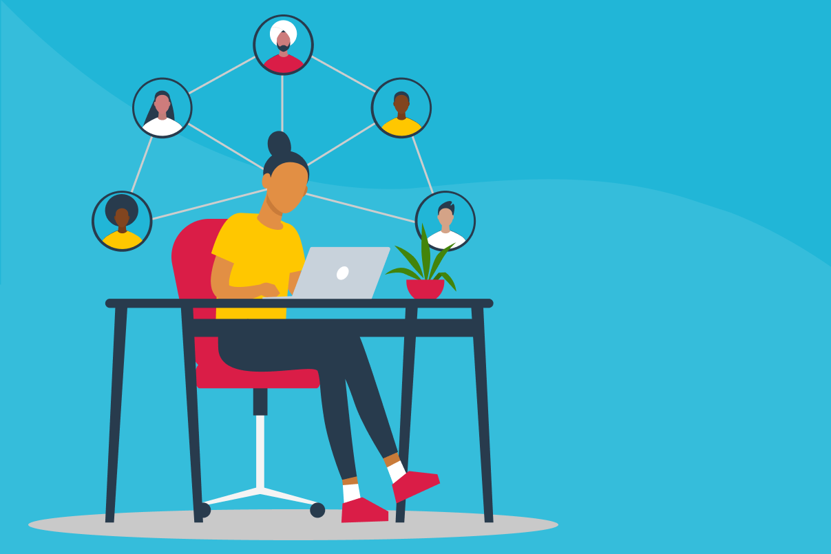 Illustration: A woman working remotely thinks about her coworkers as she works on her laptop.