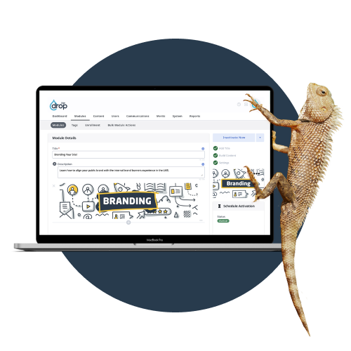 Scale to new heights Lizard climbing side of laptop showing screenshot of Wisetail LMS