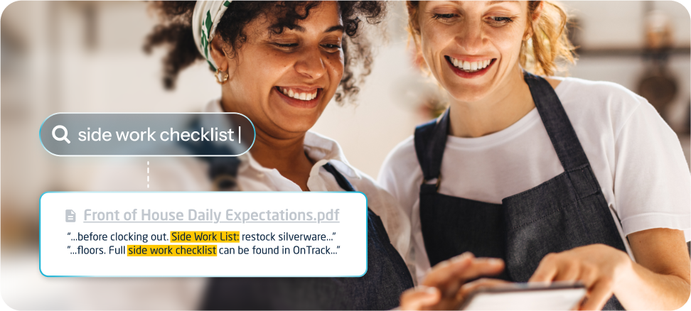 Two women who work in a restaurant smile, holding a tablet. Graphic overlaid with a search bar, with a search term "side work checklist" and a modal showing deep search results, pulling information from the text inside of the found media.
