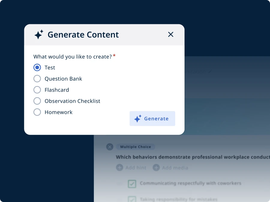 A1_Generate Content "Popup menu titled 'Generate Content' with options: Test, Question Bank, Flashcard, Observation Checklist, Homework. 'Test' is selected. Blue 'Generate' button below."