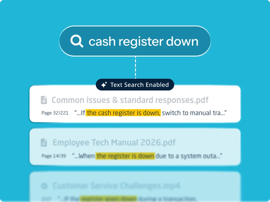 WT_AI-3_Searchability2-Content-Web_2026 Search for "cash register down" shows highlighted results in PDF documents. Emphasis on troubleshooting, text search enabled, teal background.