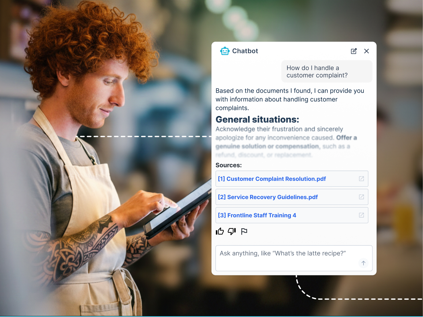A restaurant worker in an apron uses a tablet while a Wisetail AI chatbot interface displays an answer to "How do I handle a customer complaint?" with sourced documents listed below.
