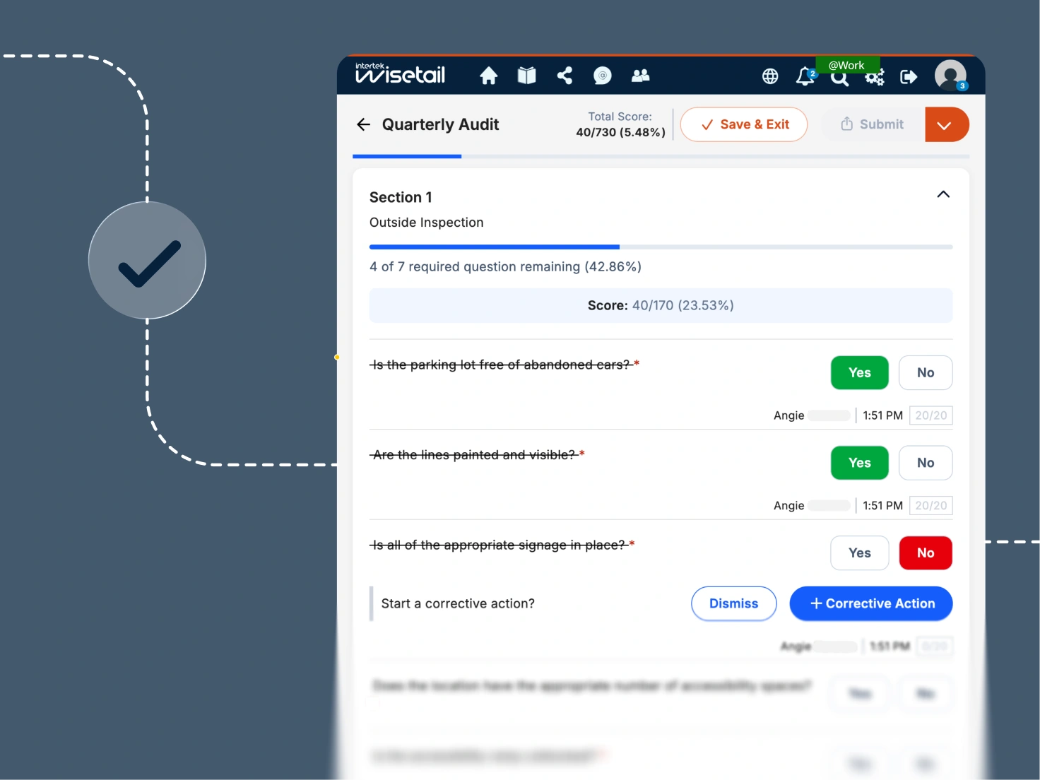 The Wisetail platform displays a Quarterly Audit checklist with scored sections, yes/no responses, and a corrective action prompt, showing structured operational guidance in action.