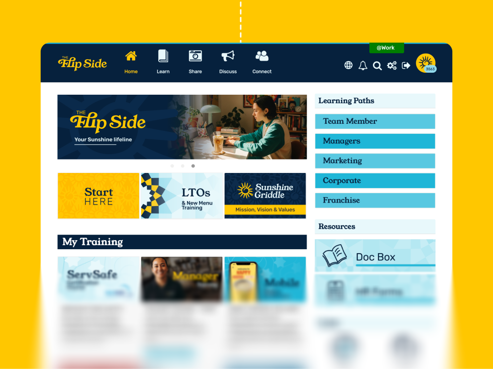 The Flip Side branded Wisetail homepage displays personalized learning paths, LTO training, and resources organized by role, showing a fully configured frontline enablement platform.